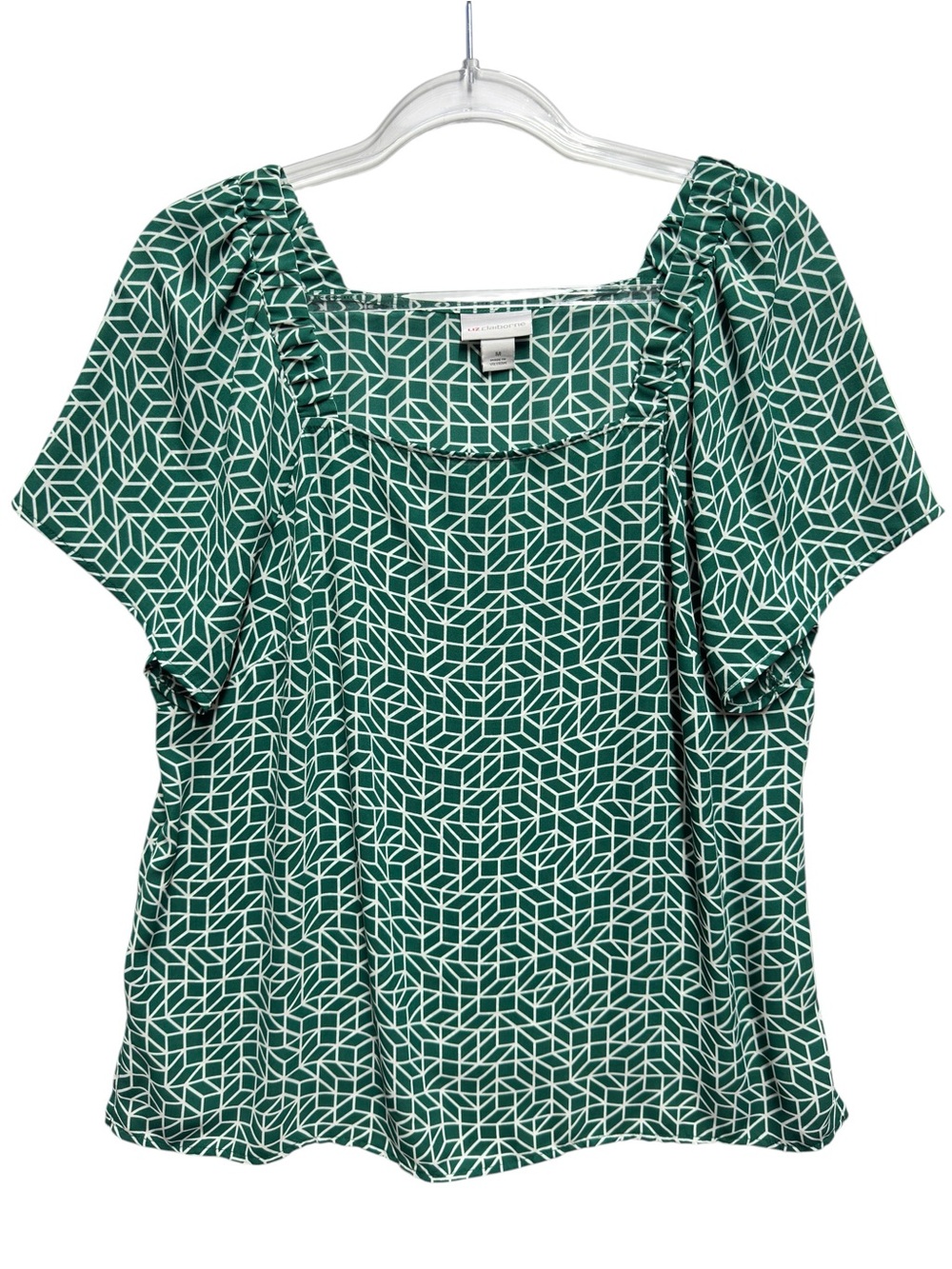 Silky Satin Matte Knit Abstract Art Geometric Square Neck Blouse Top